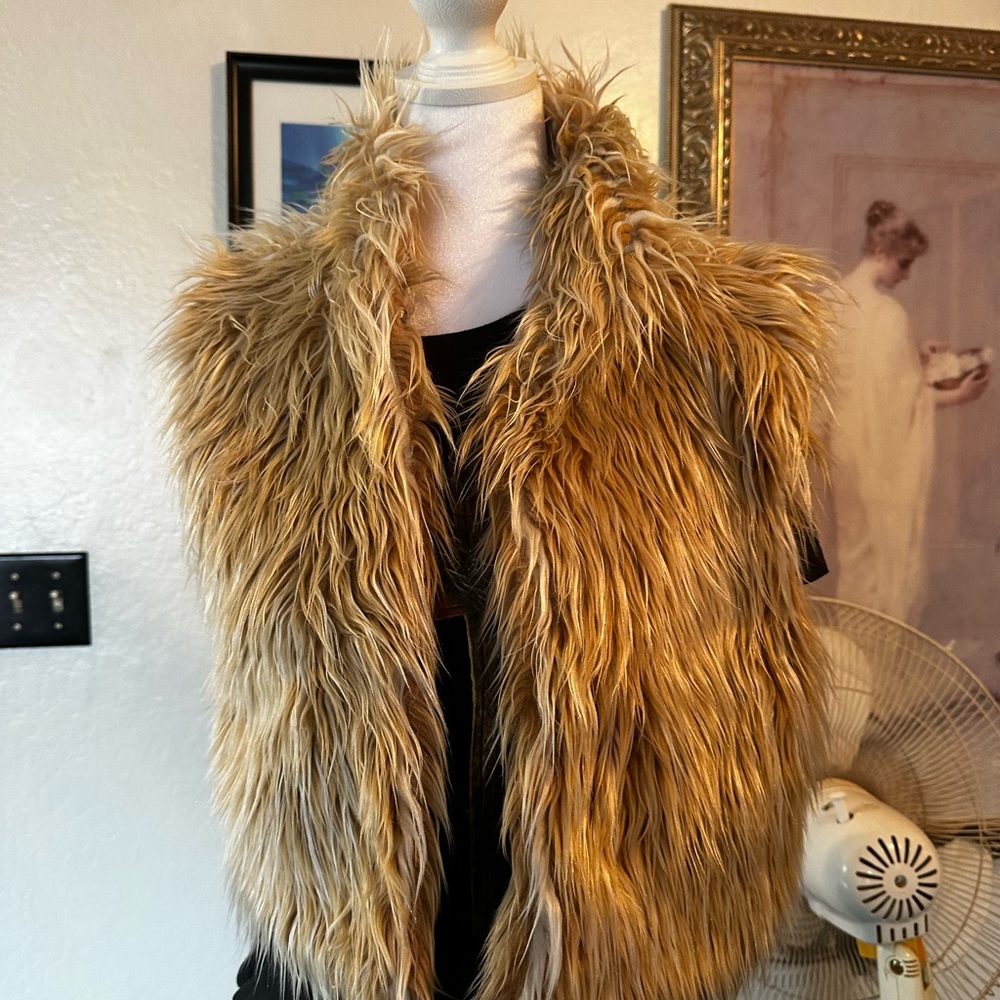 Bebe Faux Fur Vest in Gold and Tan